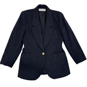VTG Christian Dior Wool Blazer Jacket Gold Buttons Women Size 8 Charcoal Gray